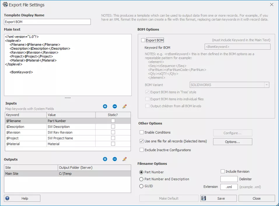 Export File Settings Page in SOLIDWORKS Manage