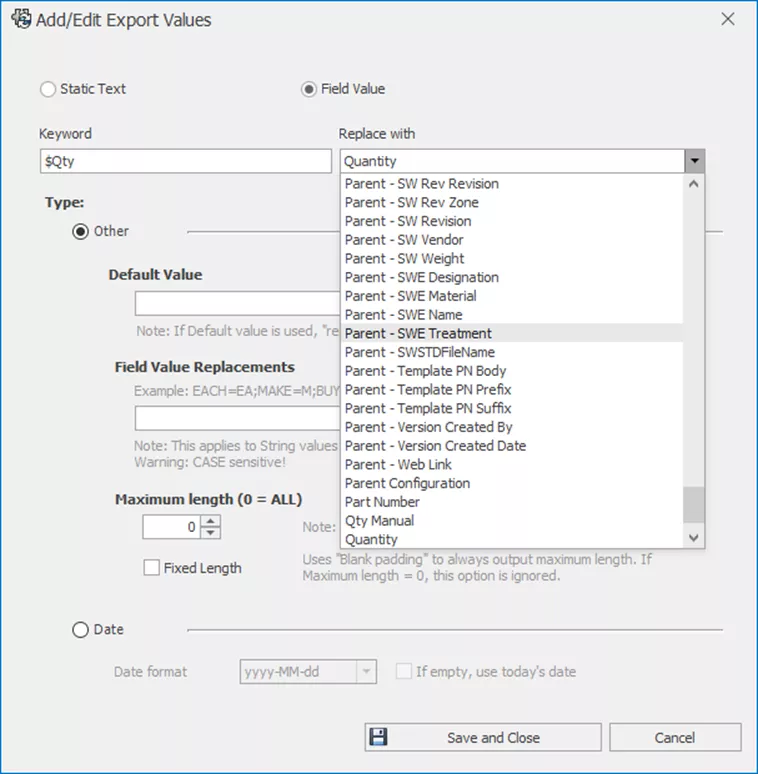Import Keyword Data in Add/Edit Export Values Dialog in SOLIDWORKS Manage 