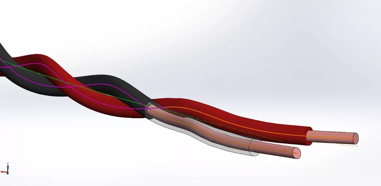 Extended wire core with path for a twisted sweep of wires in SOLIDWORKS.