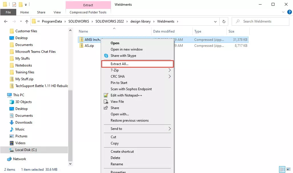 Extract All SOLIDWORKS zip file
