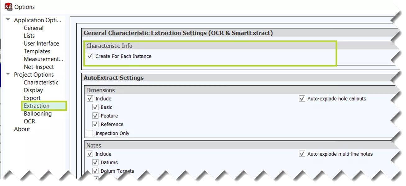 Extracted Project Options in SOLIDWORKS Inspection