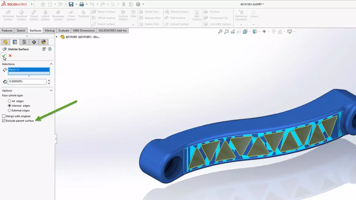 Extrude Parent Surface Option in SOLIDWORKS 2024