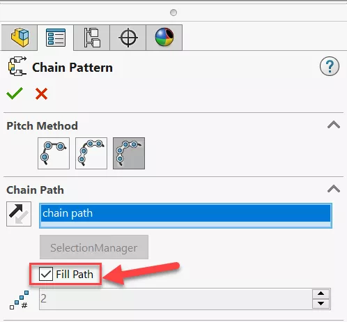 Fill Path Checkbox SOLIDWORKS Chain Pattern