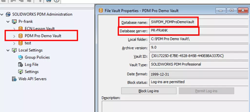 SOLIDWORKS File Vault Properties Database name and Database Server