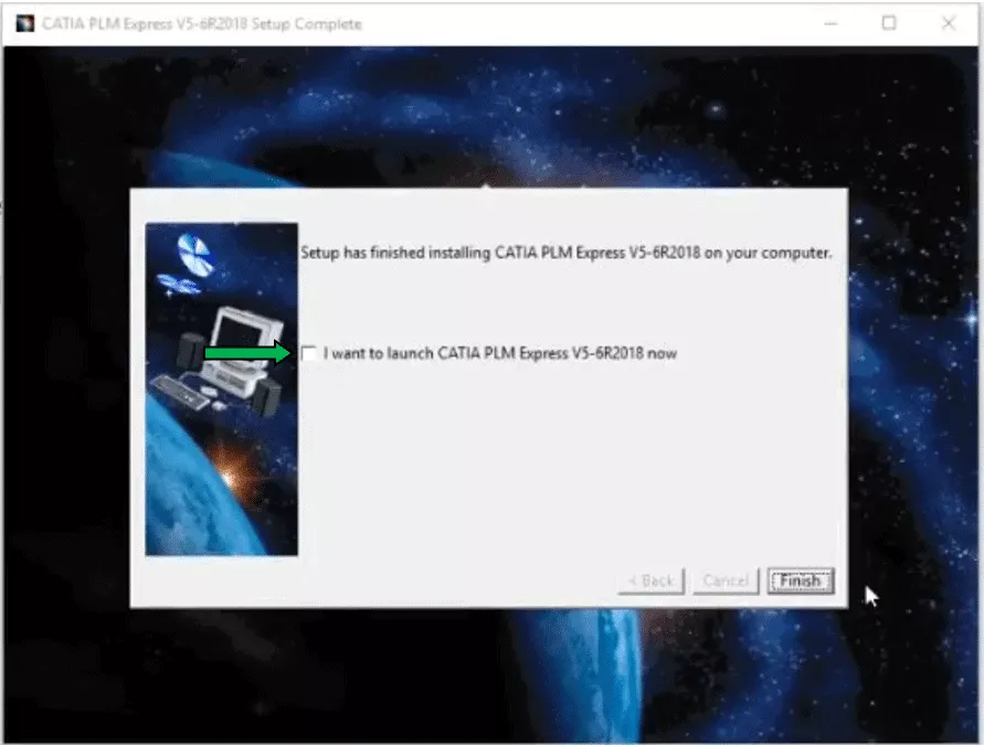 This is the setup complete screen for CATIA V5 PLM Express. We've unchecked the option to launch the program to make additional modifications.