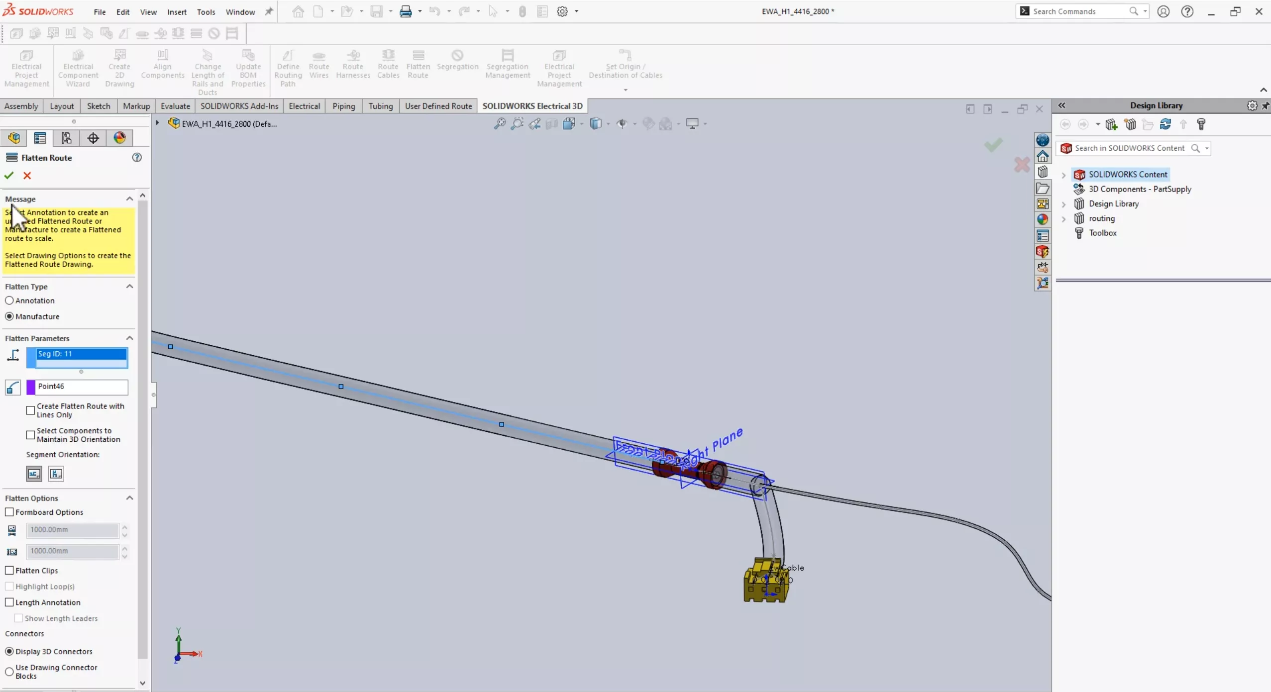 Flatten Route Tool Improvements in SOLIDWORKS Electrical 2025