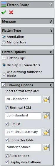 Annotation and Manufacture Flatten Route Options in SOLIDWORKS Electrical 3D 