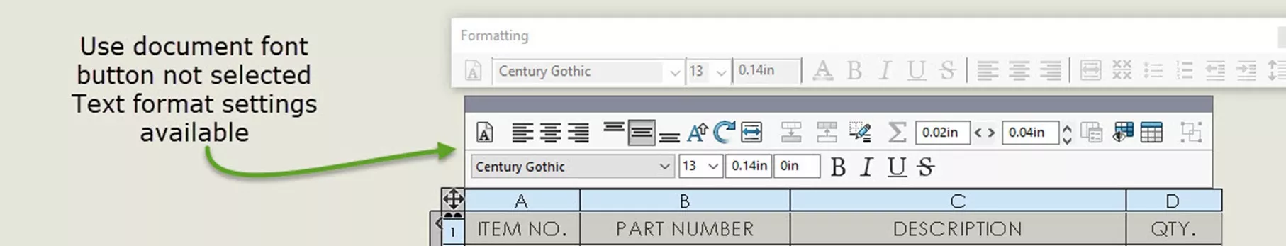 Formatting Table Template Text in SOLIDWORKS