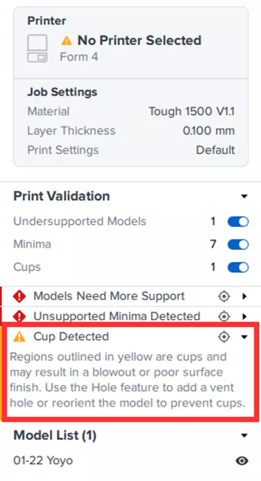 Cup Detected Error Message in Formlabs PreForm Slicing Software