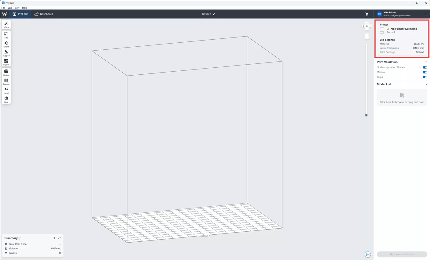 Formlabs PreForm Job Setup