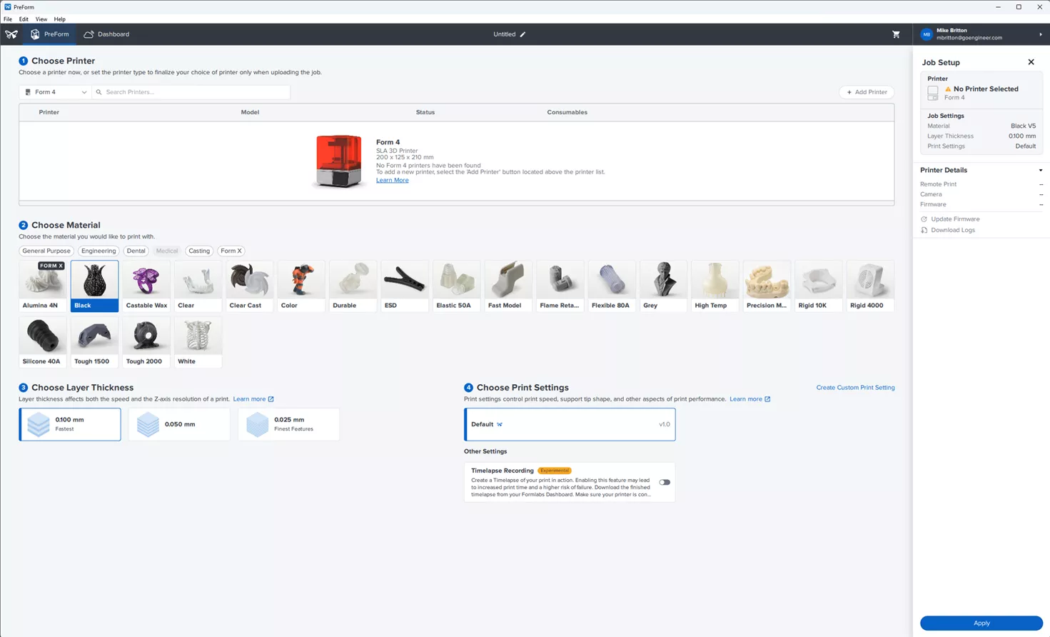 Formlabs PreForm Resin Selection