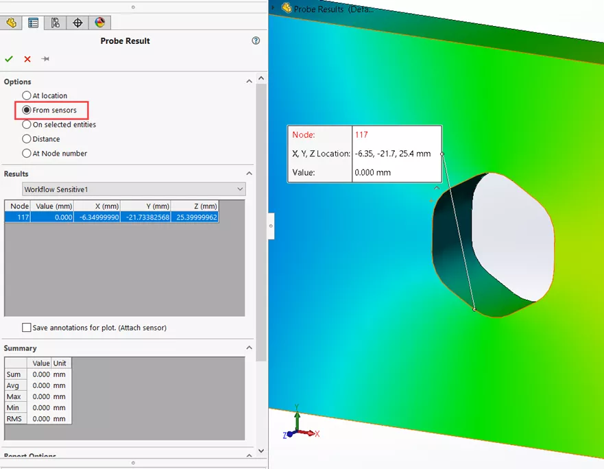 From Sensors SOLIDWORKS Simulation Probe Result Option