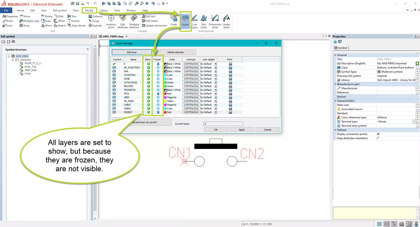 Example of Frozen Layers in SOLIDWORKS Electrical