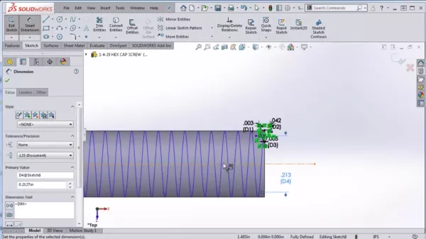 Fully define your cutting profile along the helix to get consistent threading in SOLIDWORKS.