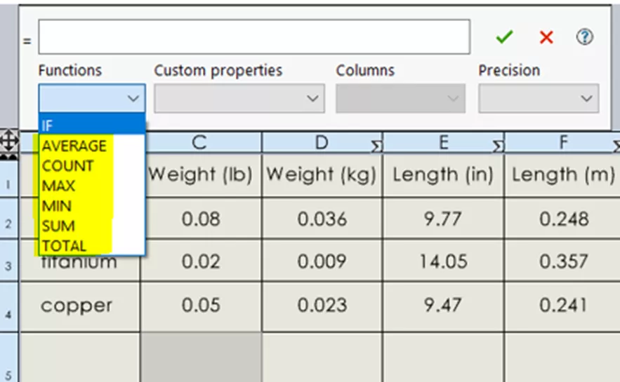 Function Options in SOLIDWORKS BOM Tables 