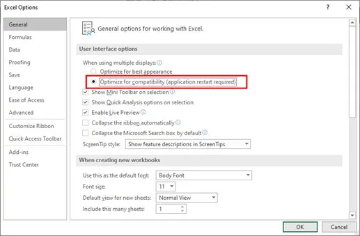 General Options for Working with Excel