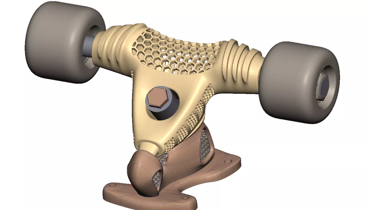 Lattice-textured skateboard truck designed in Geomagic Freeform