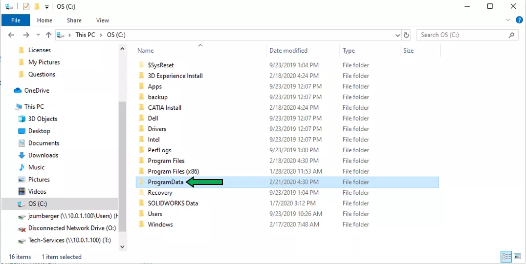 You should now see a ProgramData folder, shown here, that wasn't visible before.