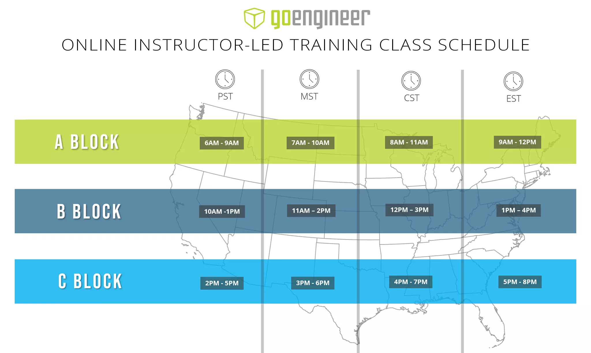 GoEngineer Instructor Led Online Training Schedule Blocks