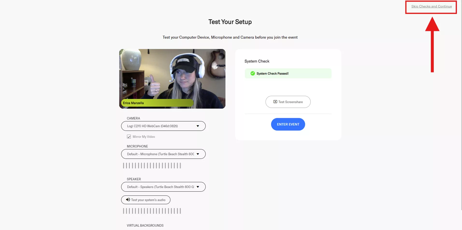 How to skip the tech check when entering a GoEngineer virtual event.