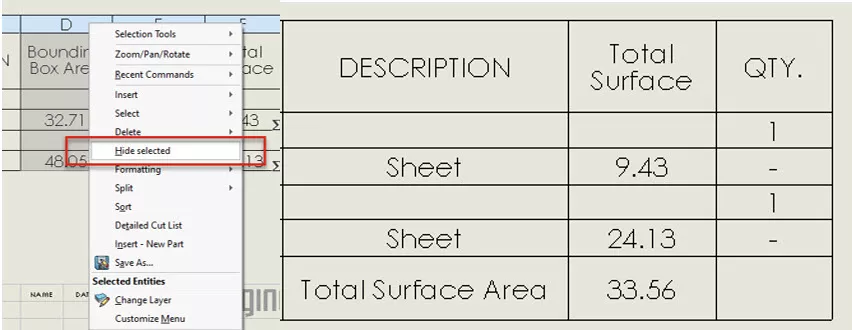 Hide Selected Columns and Create a Total Surface Area Value in SOLIDWORKS 