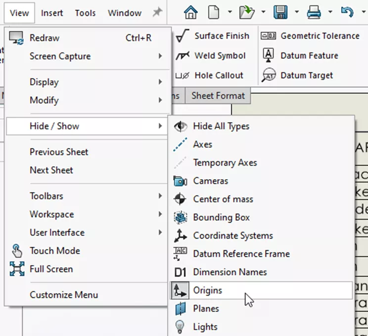 Hide / Show Origins in SOLIDWORKS