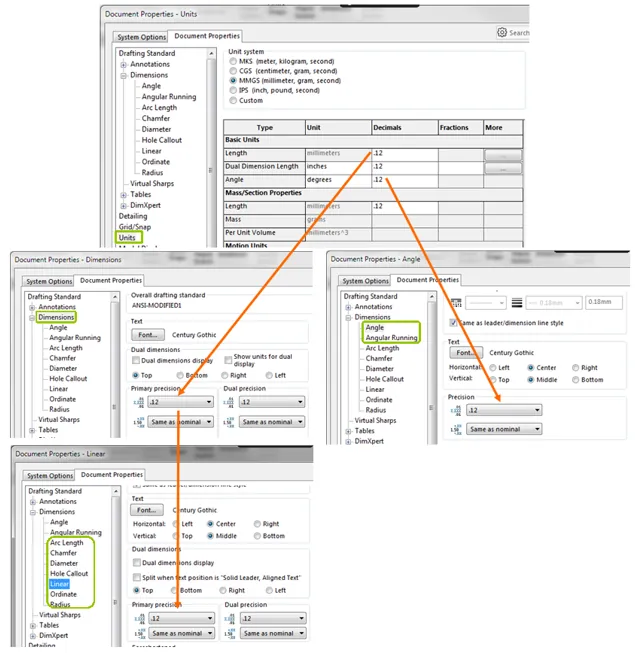 Hierarchy of SOLIDWORKS Diemsnions Precision Settings
