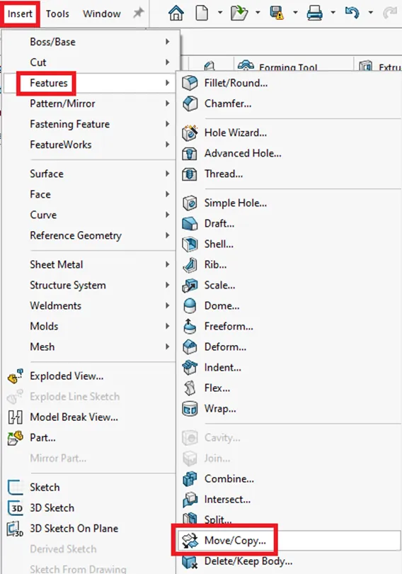 Location of Move/Copy Body Feature in SOLIDWORKS