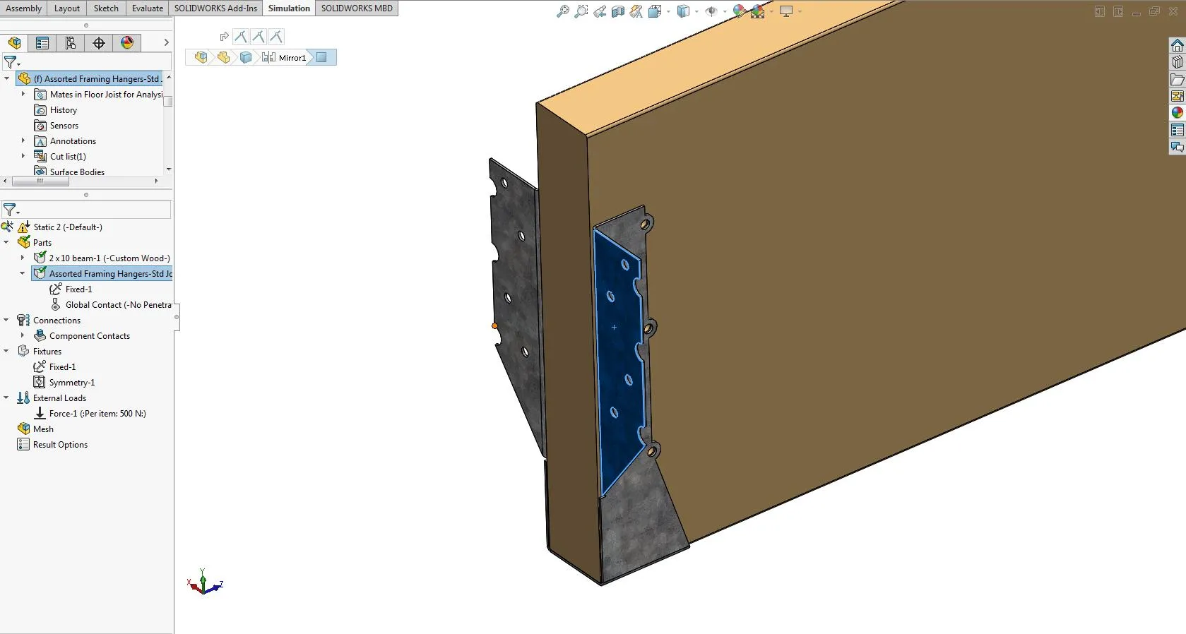 Simulation feature highlighted after clicking on part file in the graphical window