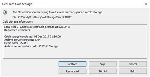 Restoring from Cold Storage SOLIDWORKS PDM