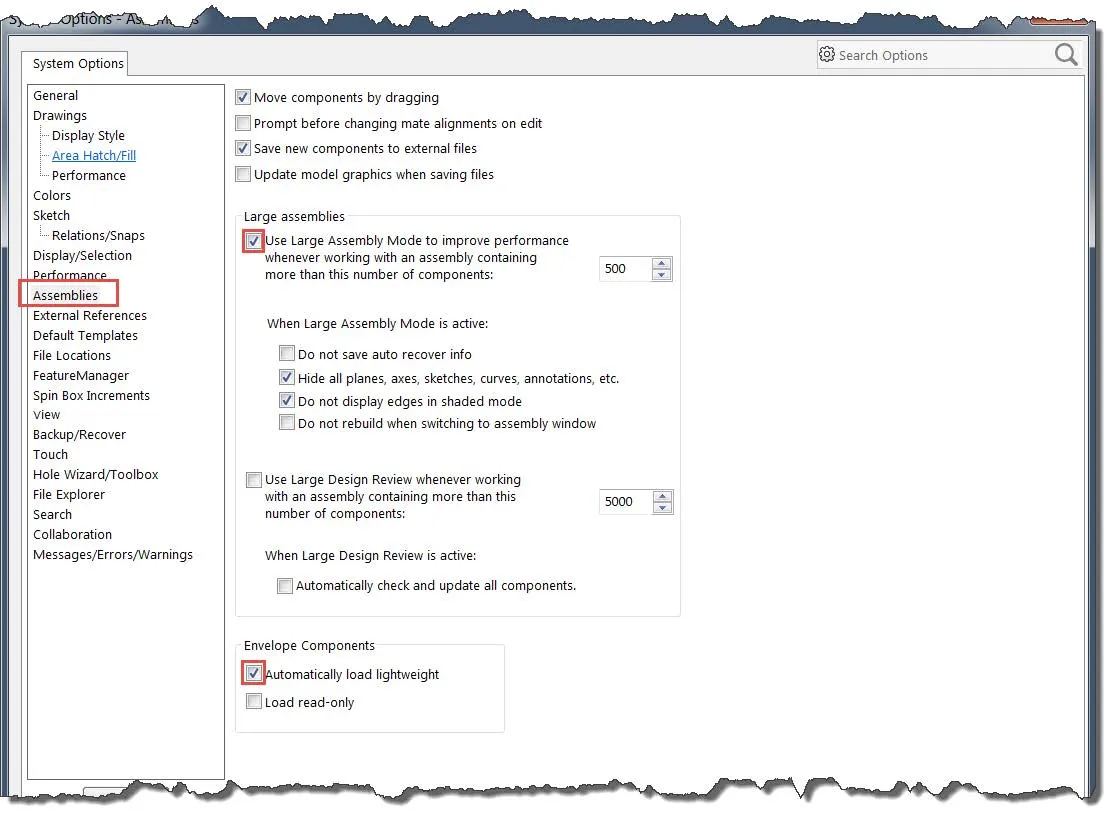 how to use large assembly mode in SOLIDWORKS