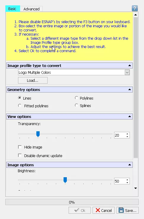 These are the options available when using the imager tracer in DraftSight.