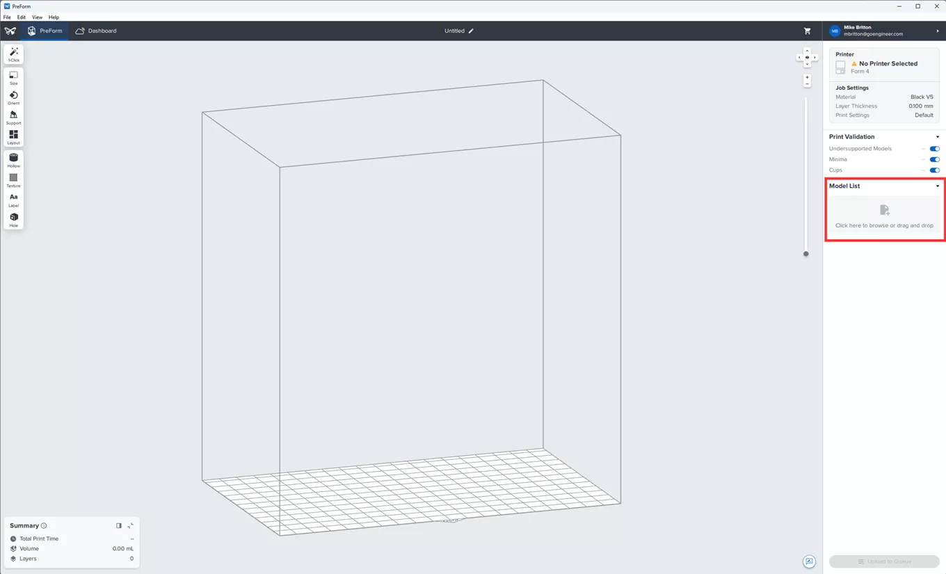 Formlabs PreForm Model List Option