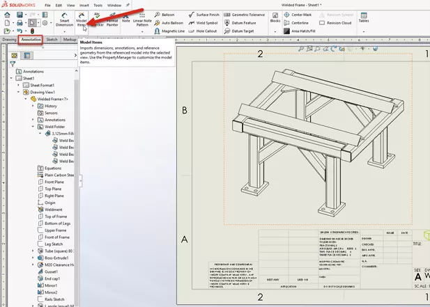 Model Items Option in SOLIDWORKS CommandManager Toolbar