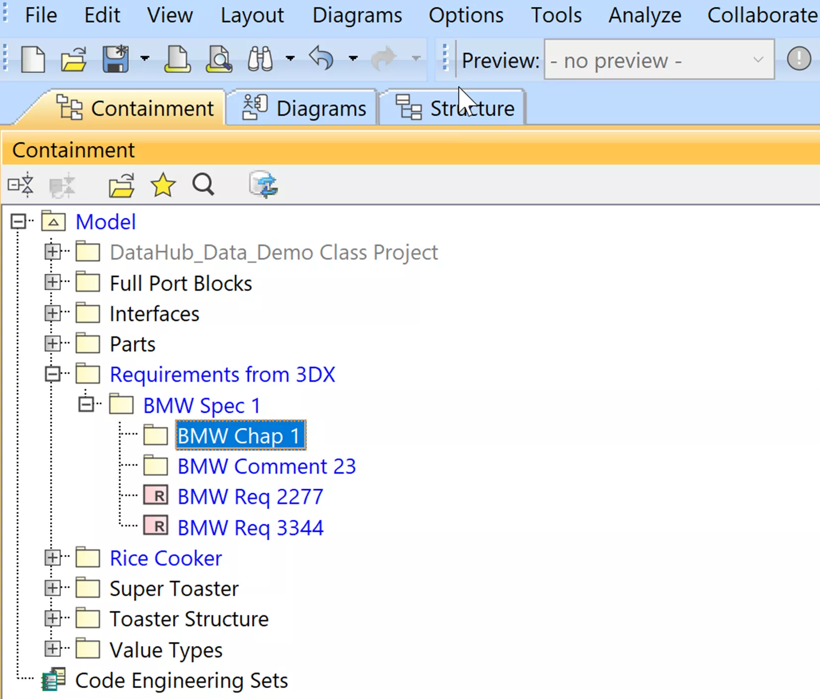 Imported/Synced Requirements of 3DEXPERIENCE in Containment Tree CSE