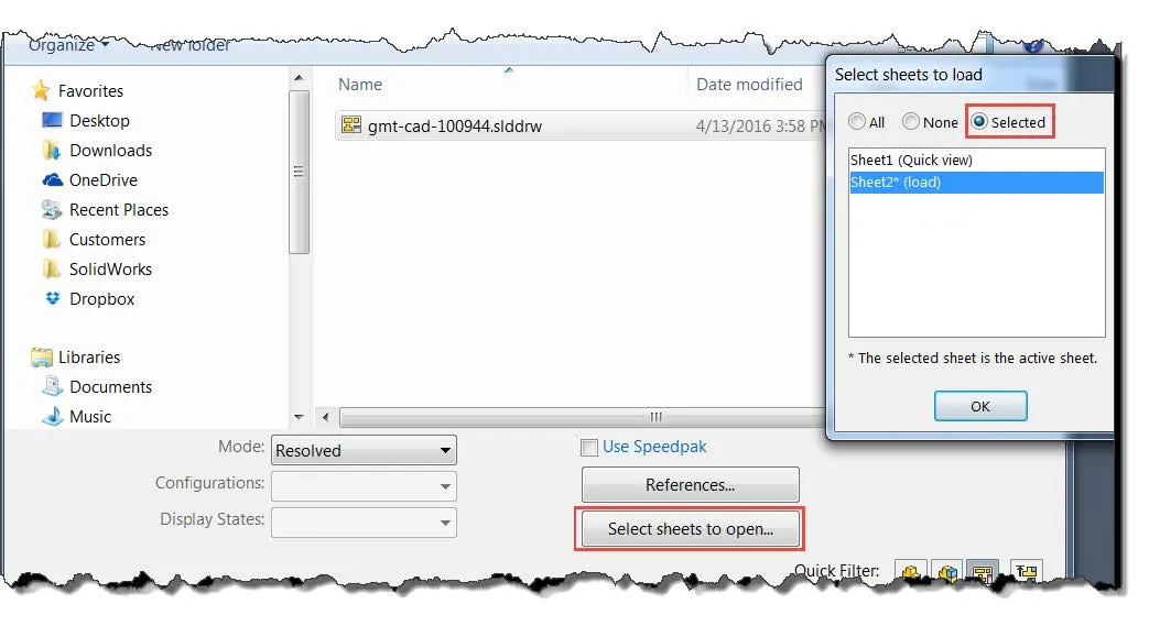 select sheets to open in SOLIDWORKS