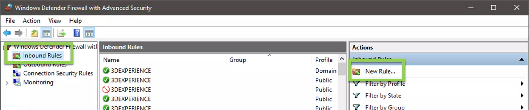 Inbound Rules Windows Defender Firewall 