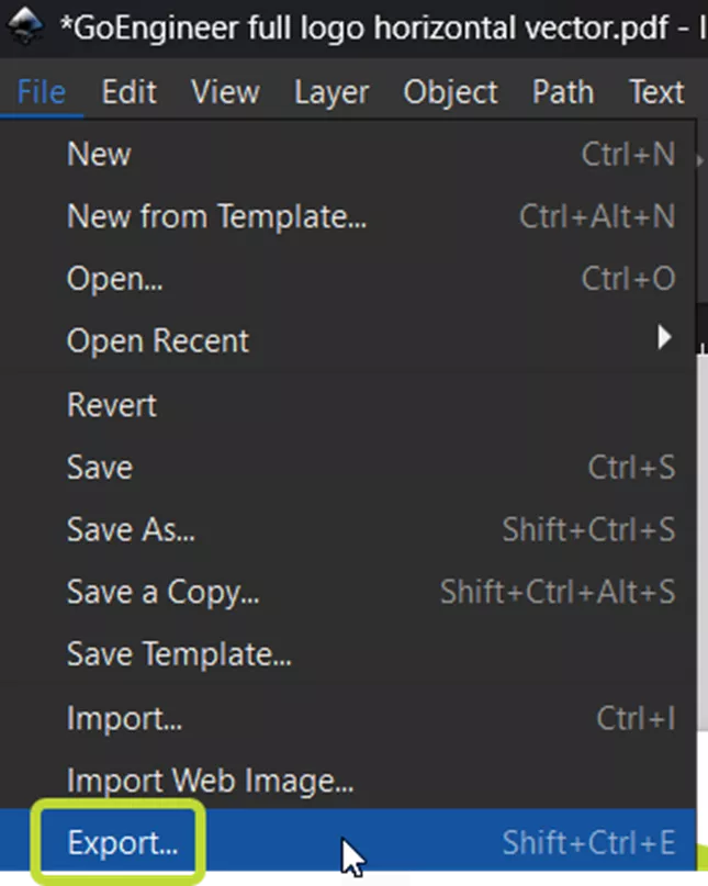 Export option in File menu in Inkscape