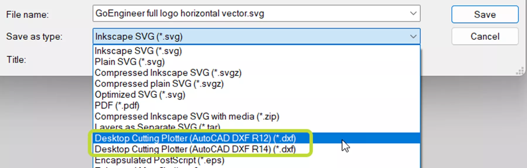 Inkscape save as dialog with .dxf file types circled