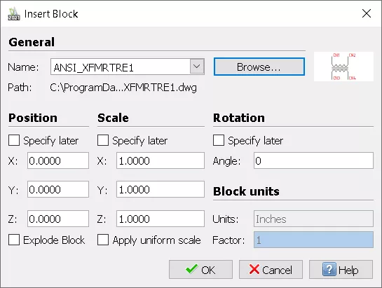 In the block options, you can pick where the block is inserted into the drawing and which block to insert.
