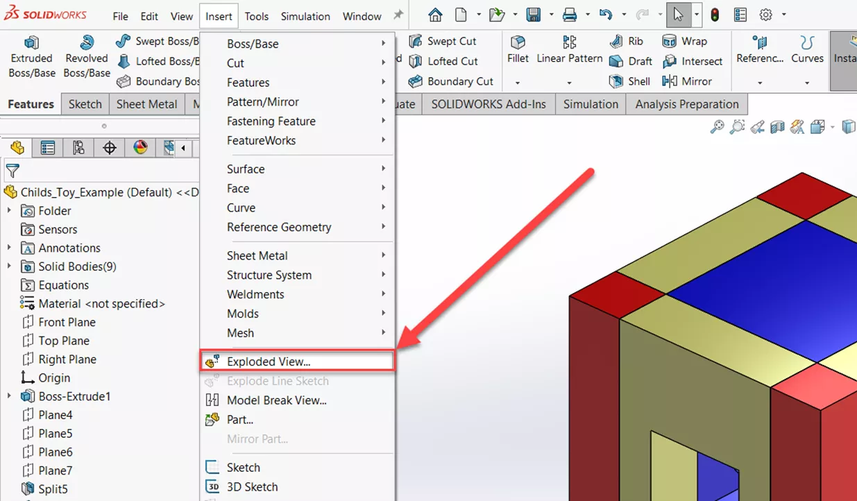 Insert Exploded Views in SOLIDWORKS Multibody Part from the Insert Menu
