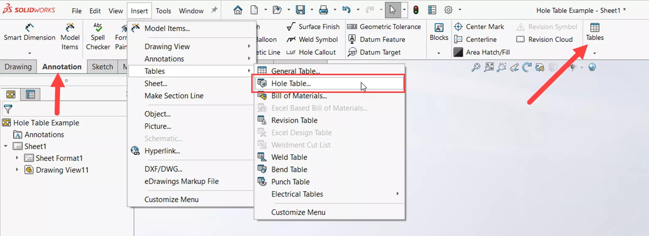 Where to Access Hole Tables in SOLIDWORKS 