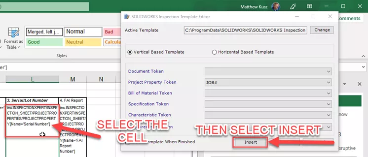 Insert SOLIDWORKS Inspection Template Editor in Excel 