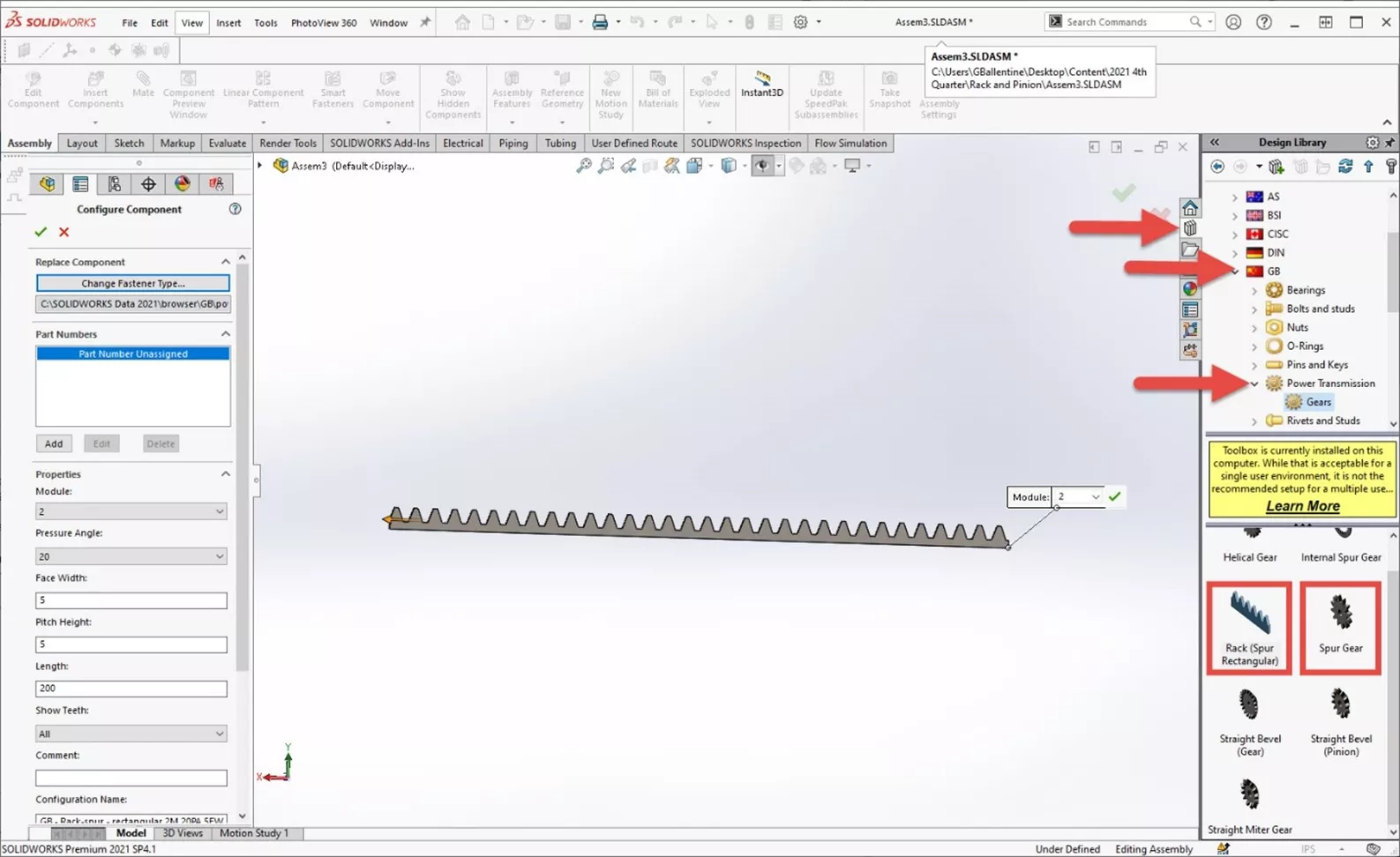 SOLIDWORKS Rack and Pinion Tutorial Inserting Gears