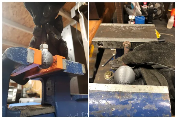 Inserting heated fasteners into a printed PETG shift knob using a bench vise