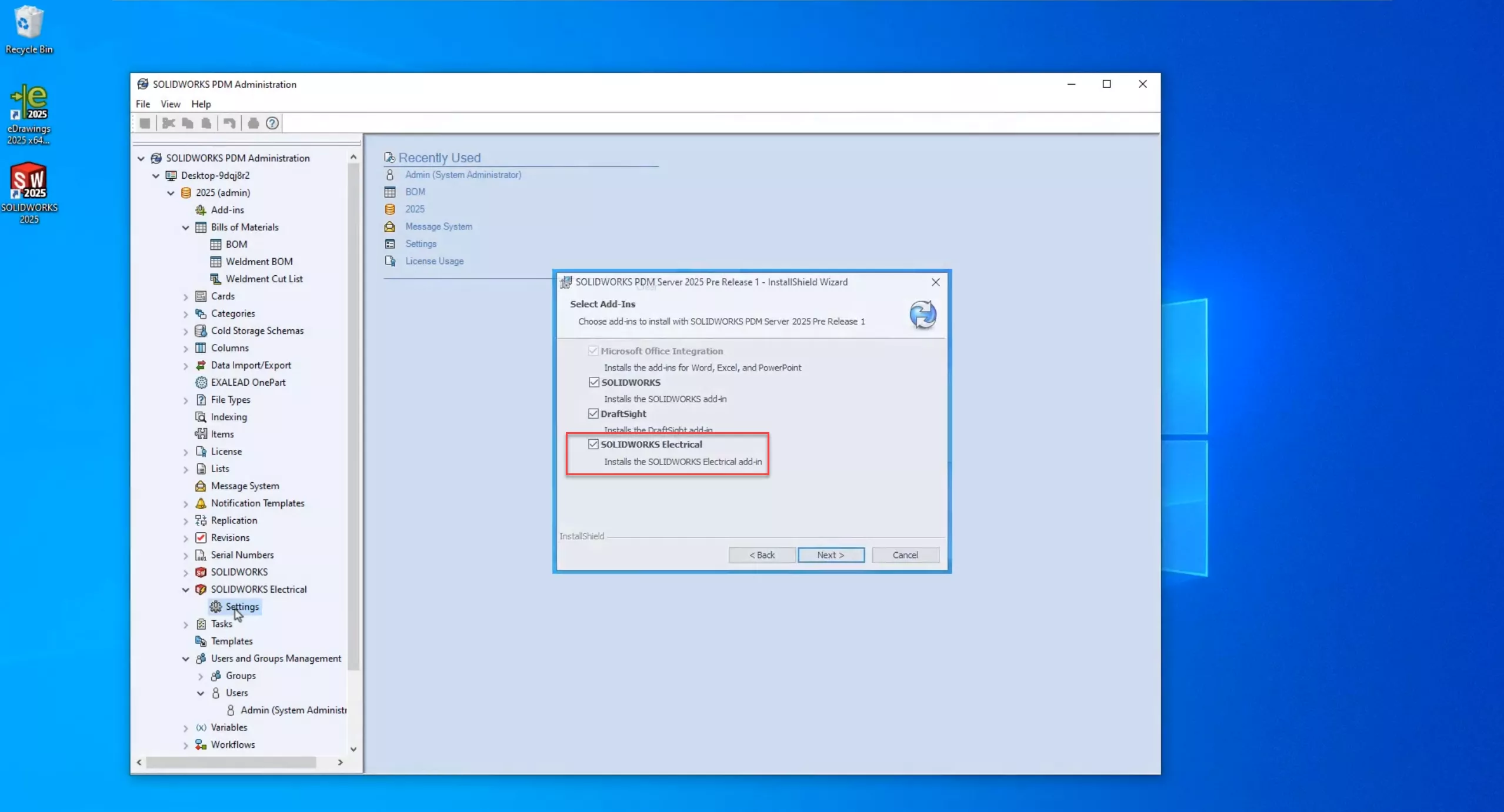 Install SOLIDWORKS Electrical Add-in Option in SOLIDWORKS PDM 2025