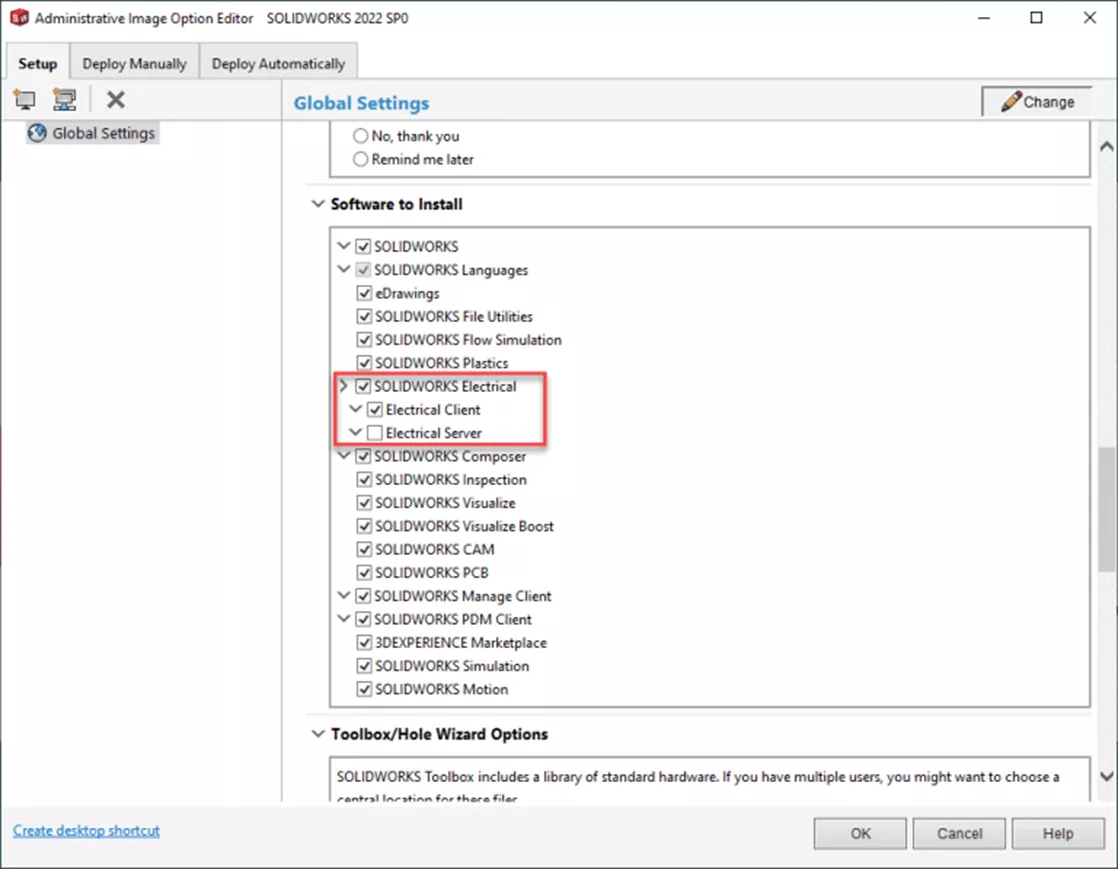 Install SOLIDWORKS Electrical Client Option in Administrative Image Option Editor