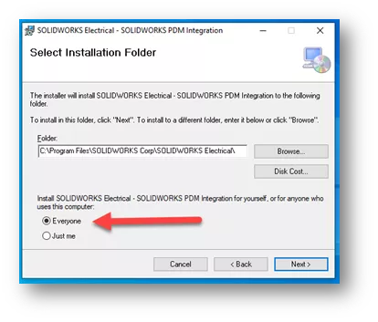 SOLIDWORKS Electrical PDM Integration Everyone Option Under Select Installation Folder 
