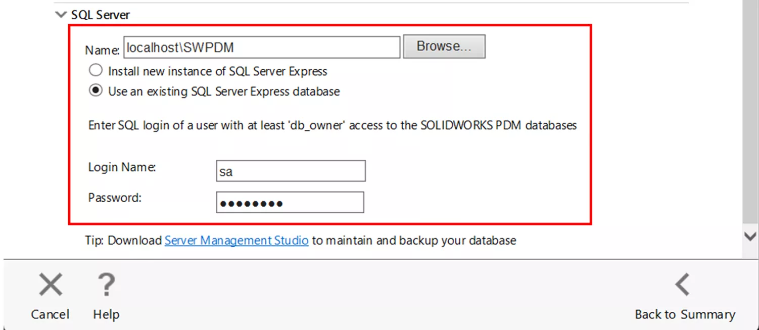 Install SOLIDWORKS PDM Server SA Credentials 