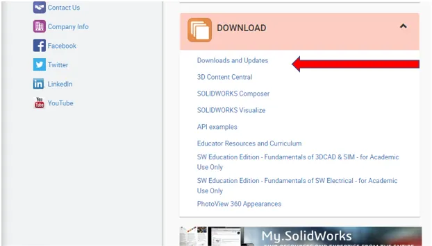 SOLIDWORKS Customer Portal page, download section